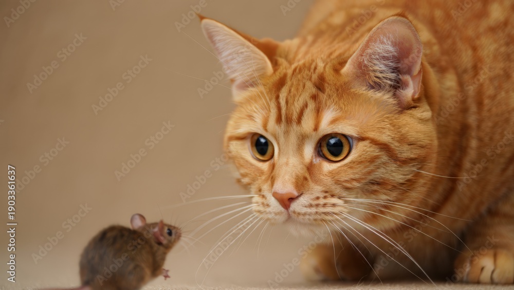 Captivating Standoff Between a Ginger Cat and a Small Mouse an iconic image of curiosity and the natural order within a domestic setting perfect for educational and thematic content.