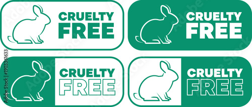 Cruelty free labels with rabbit icons on packaging in green and white designs