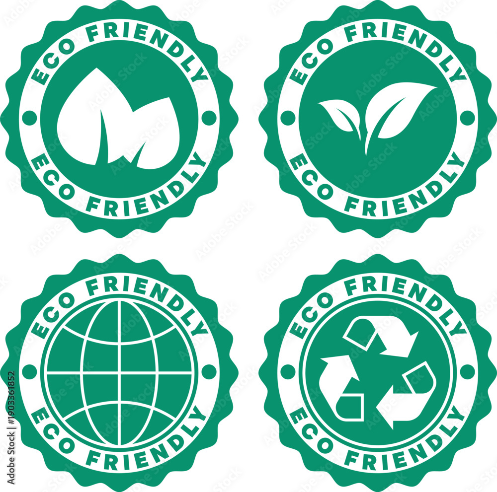 Fototapeta premium Eco friendly badge set features leaf, globe, and recycling symbols in circular seals