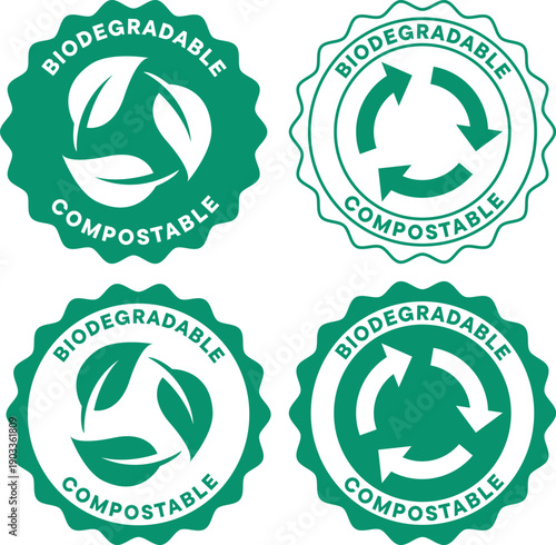 Green biodegradable and compostable eco badges with leaves and recycling symbols in circular shape