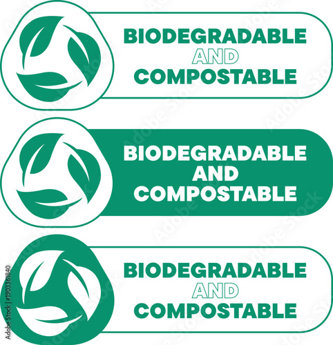 Green biodegradable and compostable labels with leaf recycle icons for eco-friendly products