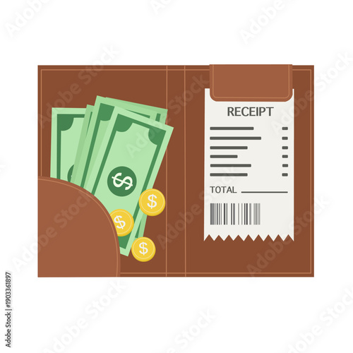Leather folder with receipt and banknotes. Restaurant bill cash payment 