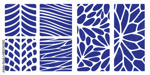 Abstract blue patterns arranged in a grid formation on a white background