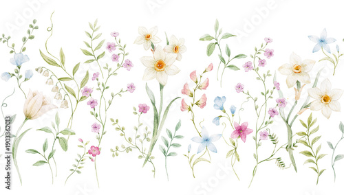 Seamless horizontal watercolor floral border pattern with delicate spring flowers and greenery. Hand painted botanical design arranged as a continuous floral border, perfect for wallpaper, fabric