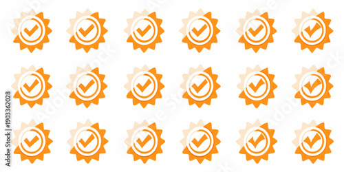 Orange starburst badges with checkmarks arranged in a grid pattern