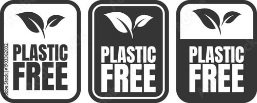 Plastic free labels with leaf icons in eco friendly badge designs for packaging