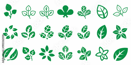Collection of various green leaf silhouettes arranged in neat rows
