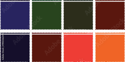 A grid of eight postage stamps displaying various dark and vibrant colors