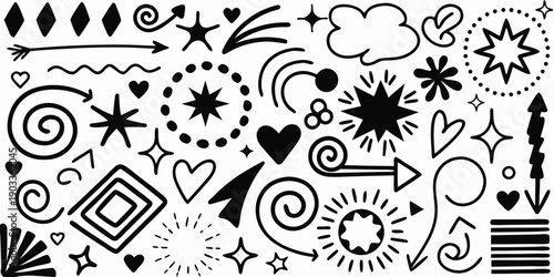 A playful collection of black and white hand drawn doodle shapes and arrows