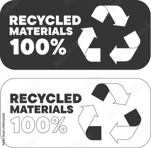 Percent labels showing recycled materials with recycling symbols in black and white designs