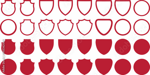 Arrangement of red geometric shapes hearts shields and circles
