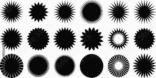 Collection of black circular burst patterns on a white background