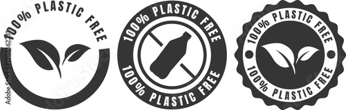 Set of eco badges with leaf design and crossed bottle symbol promoting plastic free living