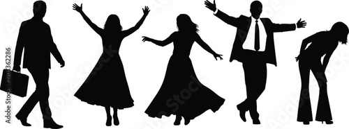 Silhouettes of business professionals and dancing women celebrating isolated on white background, corporate lifestyle, elegance, fashion and movement concept