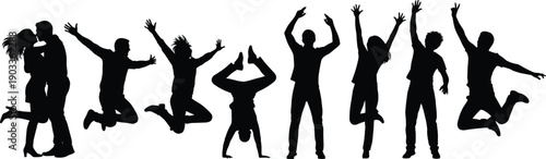 Silhouette of joyful people jumping and celebrating together isolated on white background, energetic friends expressing freedom and happiness in motion