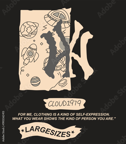 Hand-drawn space theme typography design with -Cloud 1979- and motivational quote for t-shirt print vector illustration