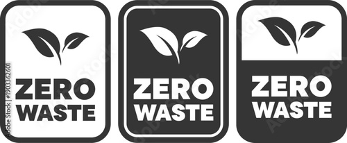 Zero waste label set featuring clean designs with leaf icons and bold text for green products