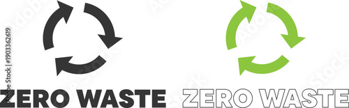 Zero waste symbols with circular arrows in black and green on white background