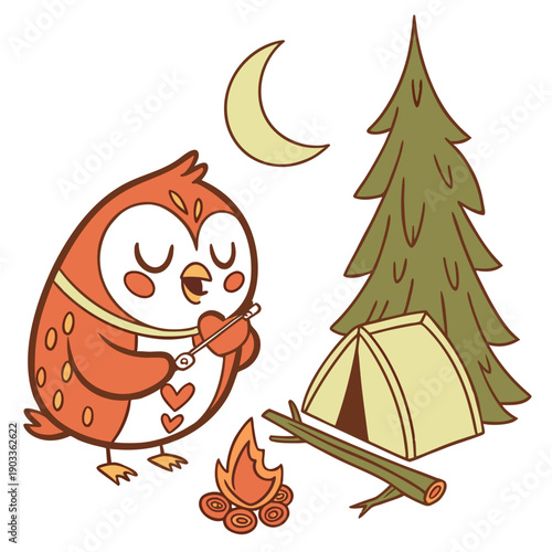 Cute Happy Owl, accessorized with holding a heart, in a Camping trip world – Campfire Glow palette vector