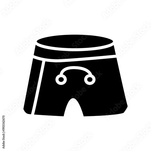 Black sports shorts icon isolated on white background. Athletic clothing silhouette symbol for gym wear, fitness training, workout apparel, and active lifestyle design.