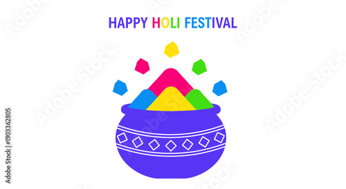 Vibrant holi festival celebration with colorful powder in decorative pot