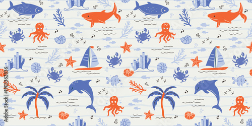 Seamless summer pattern with fish, sea waves, seashell, seaweed, crab, leaves, star Background bright, naive in minimalist style. for print, paper, business idea, banner, social media. art vector