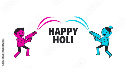 Two cartoon people playing with colorful water guns celebrating holi festival together with vibrant pink and blue colors on white background