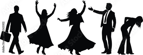 Silhouettes of business professionals and dancing women isolated on white background, corporate lifestyle, celebration, elegance, fashion and movement concept