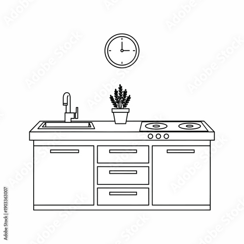 Minimalist Kitchen Counter with Sink Stove and Clock