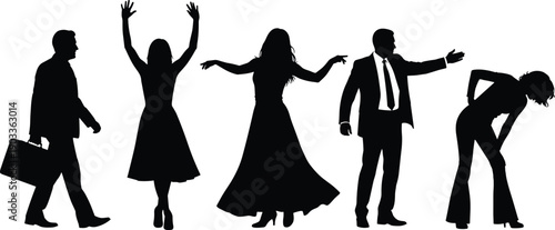 Silhouettes of business professionals and dancing women isolated on white background, corporate lifestyle, celebration, fashion, elegance and movement concept