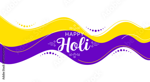 Vibrant holi festival background with yellow and purple waves and happy holi text on white