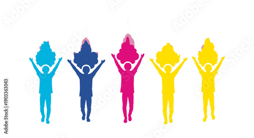 Diverse group of people celebrating with arms raised in colorful silhouettes on white background