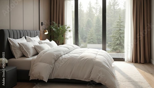 Plush white bedding on large bed in modern bedroom with nature view. Soft pillows, duvet, bedside lamp create cozy, restful atmosphere. Natural light streams through big window.
