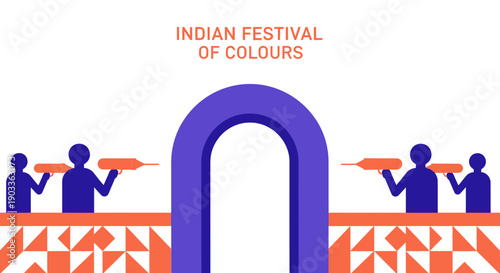 Indian festival of colours celebration archway with silhouetted people throwing pigments