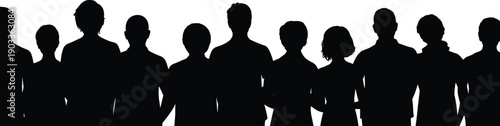 Silhouettes of diverse people standing in a row isolated on white background, community unity, inclusion and social diversity concept
