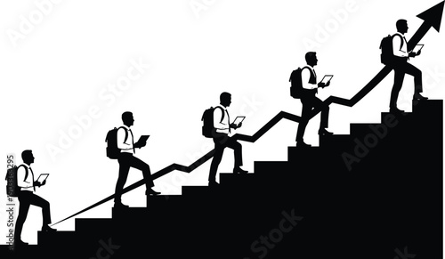 Student career growth concept silhouette, education success staircase, academic progress journey, upward arrow achievement, isolated vector illustration