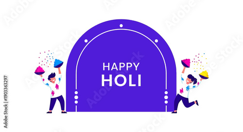 Two people celebrating holi with colorful powders and a large purple archway