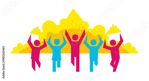Colorful group of people celebrating with arms raised in front of a yellow abstract background