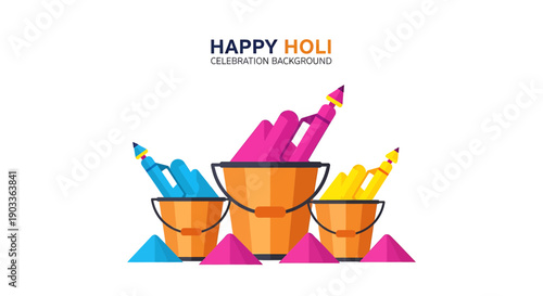 Vibrant holi celebration background with colorful buckets and powder