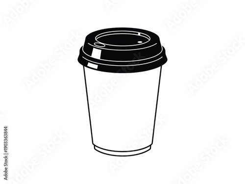 Simple black and white outline illustration of a disposable coffee cup with a lid.