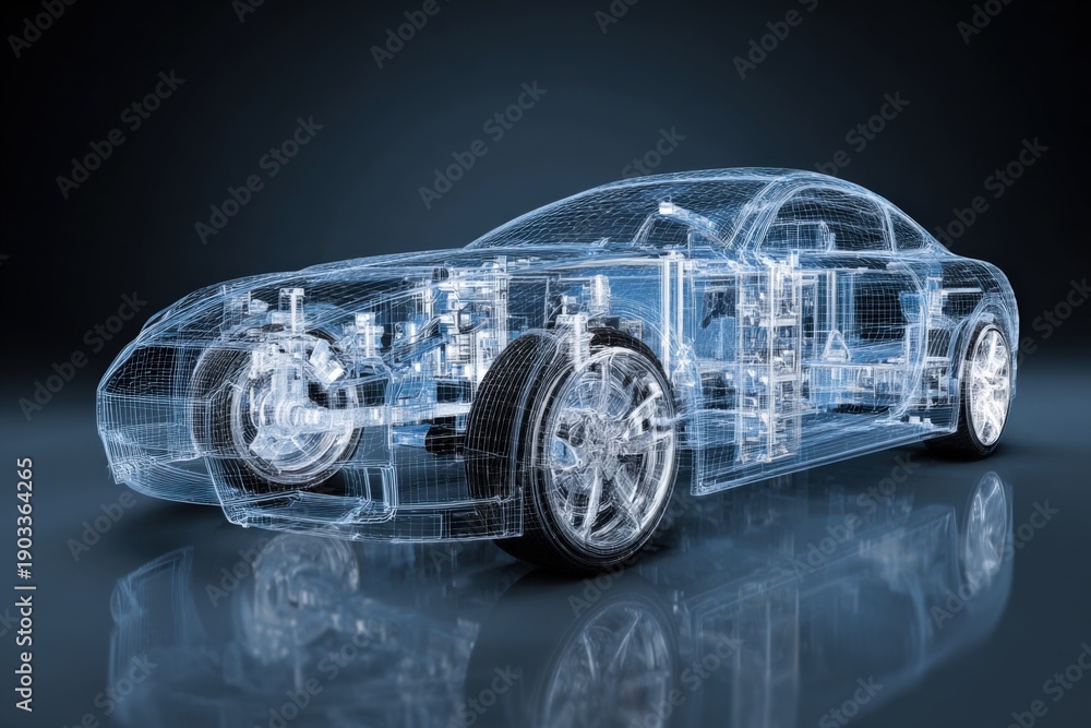 Naklejka premium Futuristic transparent car model showcasing internal mechanics