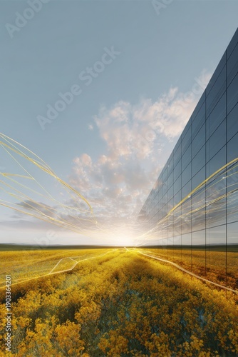 Sunlit field and reflective glass building against a dramatic sky