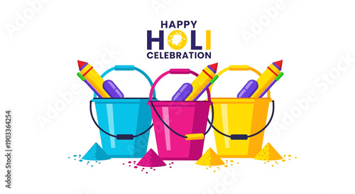 Vibrant holi celebration buckets with colorful powder and markers on white background