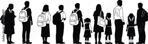 Silhouettes of students standing in line, diverse school children with backpacks, education concept, black and white illustration isolated background design
