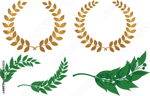 Golden laurel wreath set with green olive branch icons for award achievement victory success glory noble heraldry and elegant floral frame