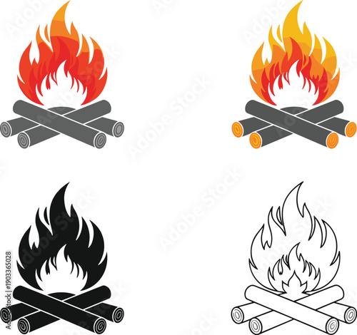 Campfire bonfire logo icon set with fire flames and wooden logs for outdoor camping adventure summer travel hiking and survival