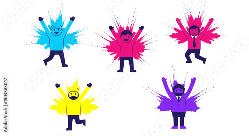 Colorful cartoon characters in different vibrant colors celebrating with arms raised in excitement on white background