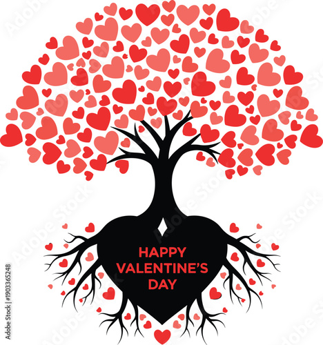 Happy Valentine’s Day Tree Concept with Red Heart Leaves and Root Heart Shape on White Background for Romantic Love Greetings