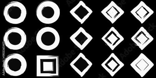 Abstract white shapes on black background circles diamonds and a square