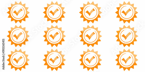 Eight orange sunburst icons with white checkmarks arranged in a grid